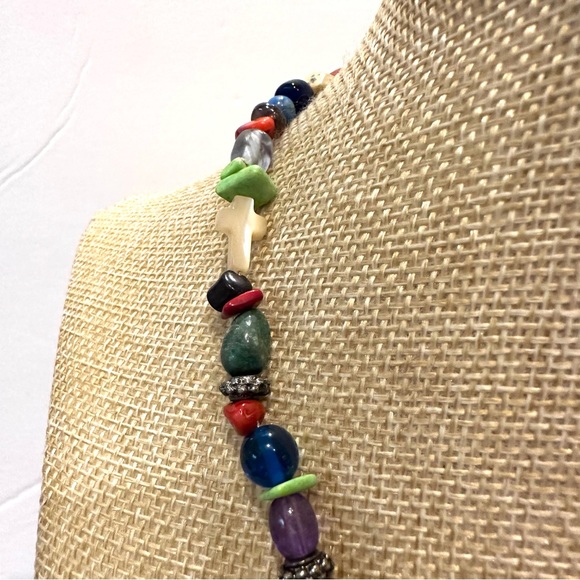 Multi-color Genuine Gemstone & Glass Bead Necklace w/ sterling silver cross .925 - Picture 6 of 10